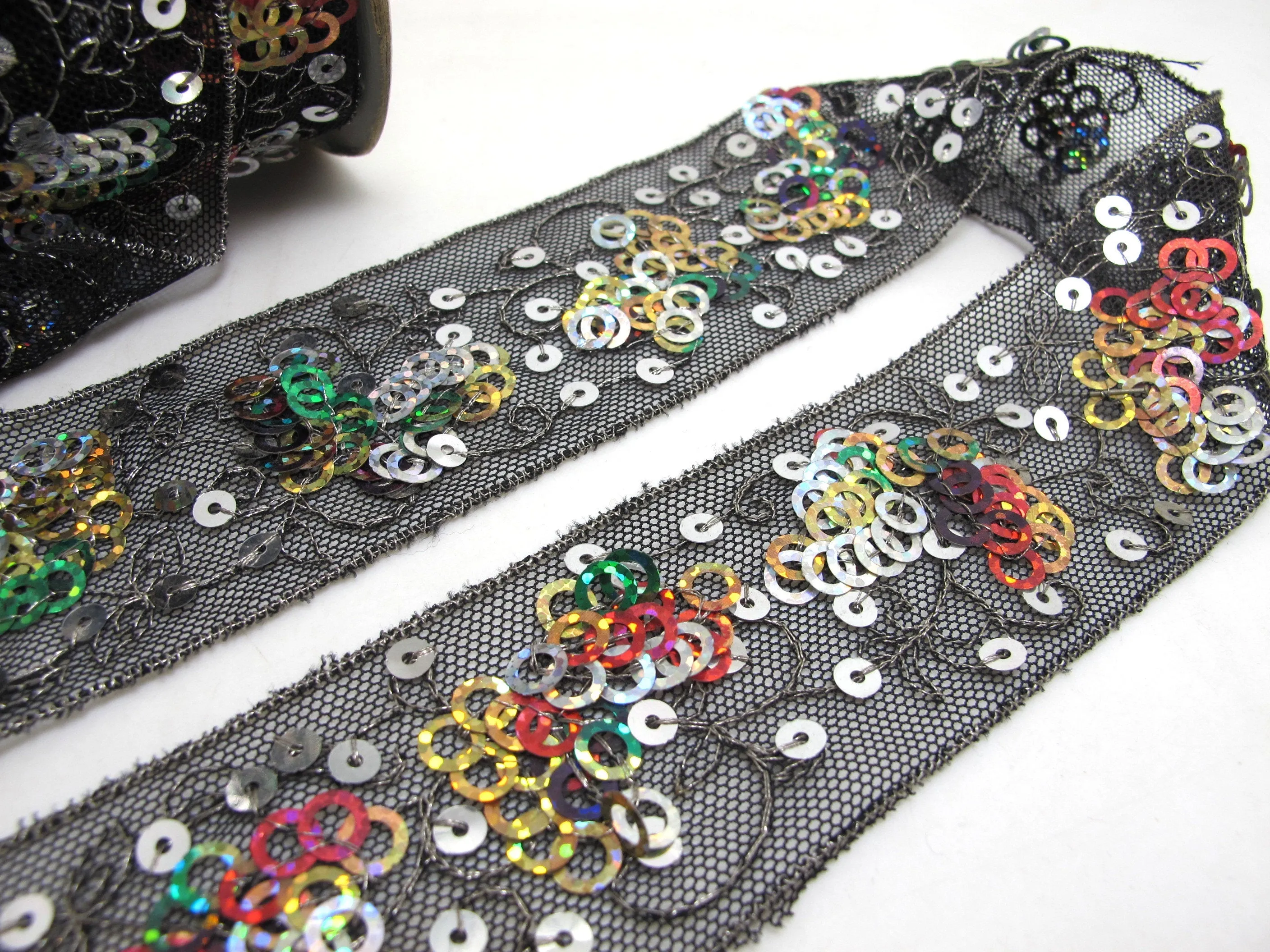 1 3/4 Inches Colorful Sequined and Thread Edged Embroidered Ribbon Trim|Beaded Embroidered Trim|Craft Supplies|Scrapbooking