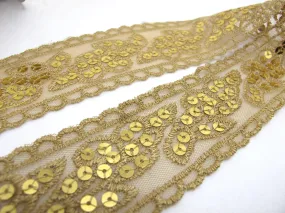 1 7/8 Inches Gold Sequined and Thread Edged Embroidered Ribbon Trim|Beaded Embroidered Trim|Craft Supplies|Scrapbooking