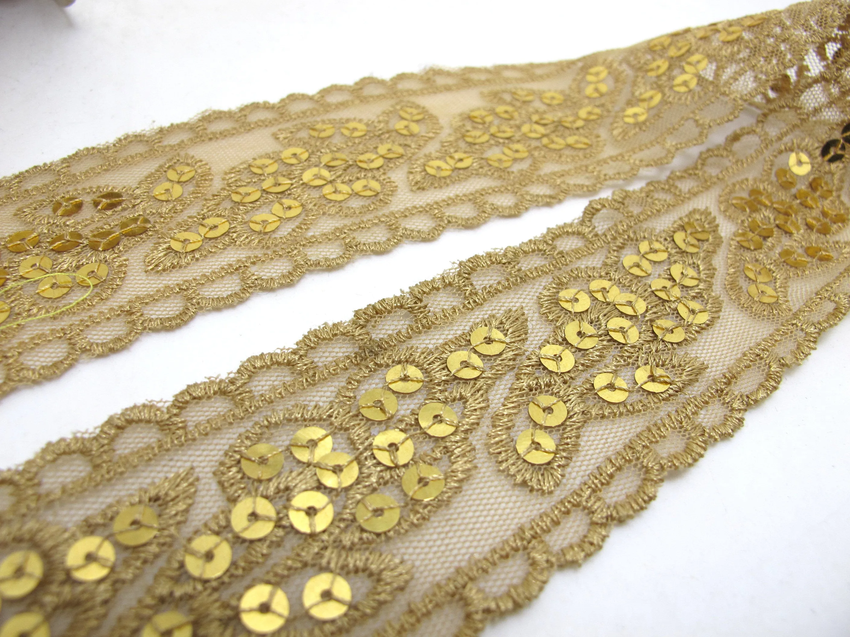 1 7/8 Inches Gold Sequined and Thread Edged Embroidered Ribbon Trim|Beaded Embroidered Trim|Craft Supplies|Scrapbooking