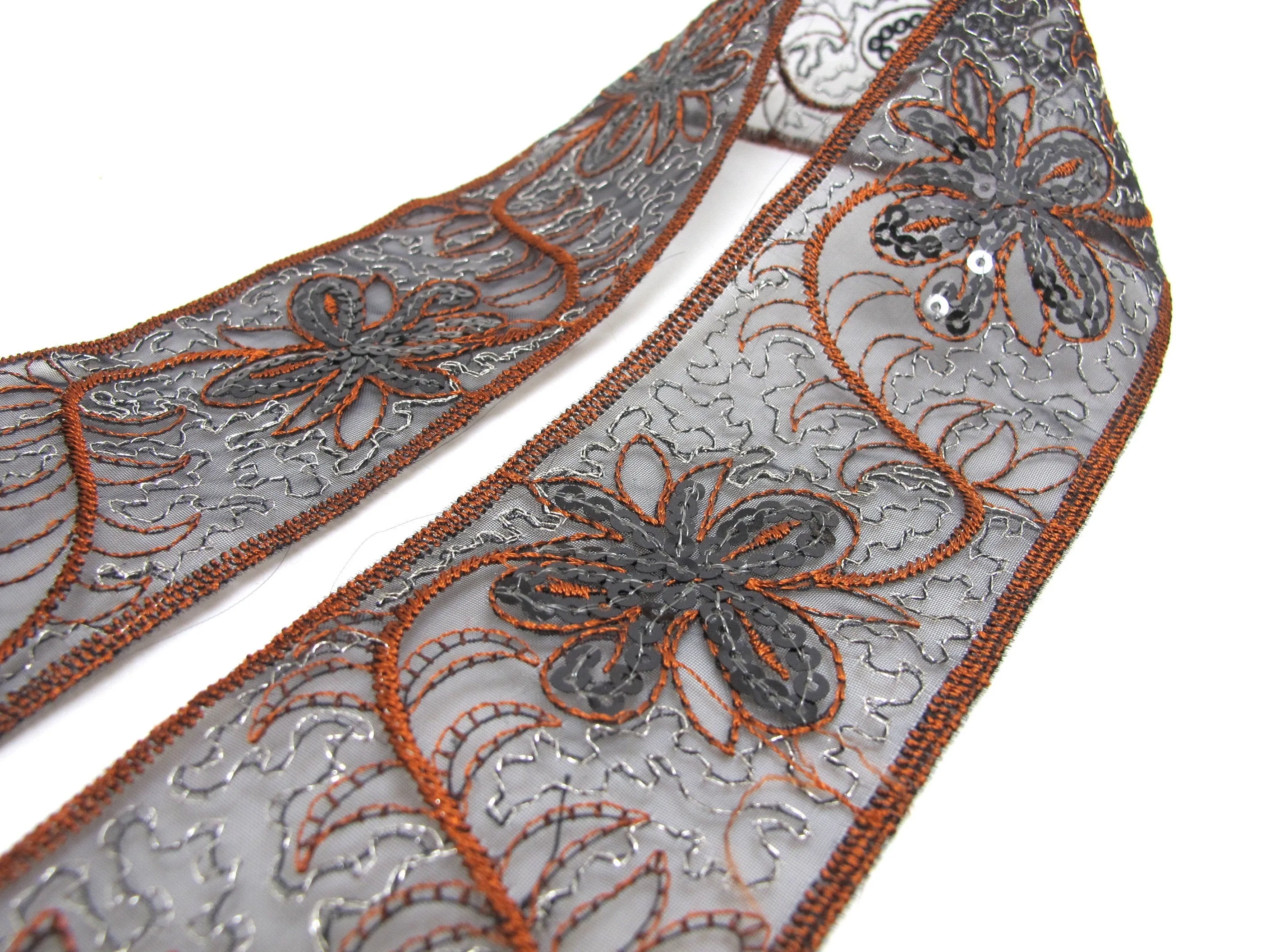 2 1/4 Inches Brown and Black Sequined and Thread Edged Embroidered Ribbon Trim|Beaded Embroidered Trim|Craft Supplies|Scrapbooking