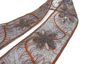 2 1/4 Inches Brown and Black Sequined and Thread Edged Embroidered Ribbon Trim|Beaded Embroidered Trim|Craft Supplies|Scrapbooking