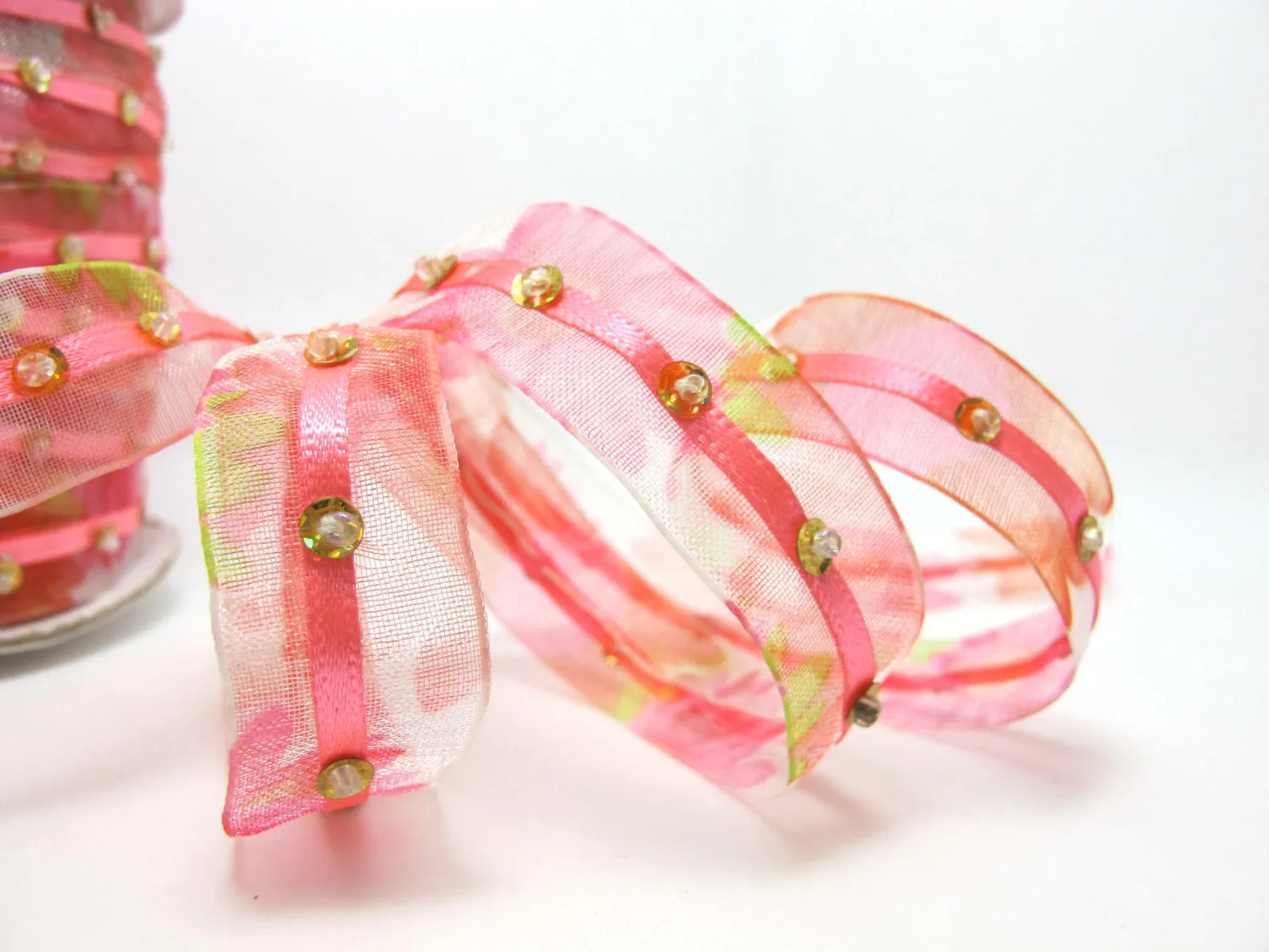 2 Yards 5/8 Inch Fuchsia Pink Sequined Floral Embroidered Chiffon Ribbon with Satin Trim|Beaded Embroidered Trim|Organza Craft Supplies