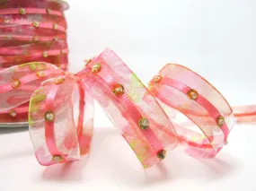 2 Yards 5/8 Inch Fuchsia Pink Sequined Floral Embroidered Chiffon Ribbon with Satin Trim|Beaded Embroidered Trim|Organza Craft Supplies