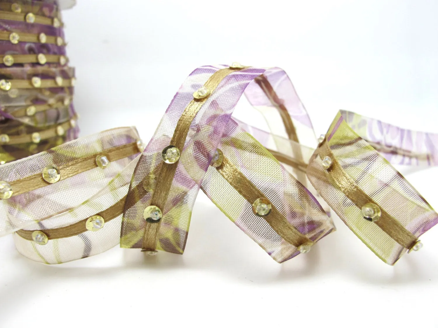 2 Yards 5/8 Inch Purple Sequined Floral Embroidered Chiffon Ribbon with Satin Trim|Beaded Embroidered Trim|Organza Trim|Craft Supplies