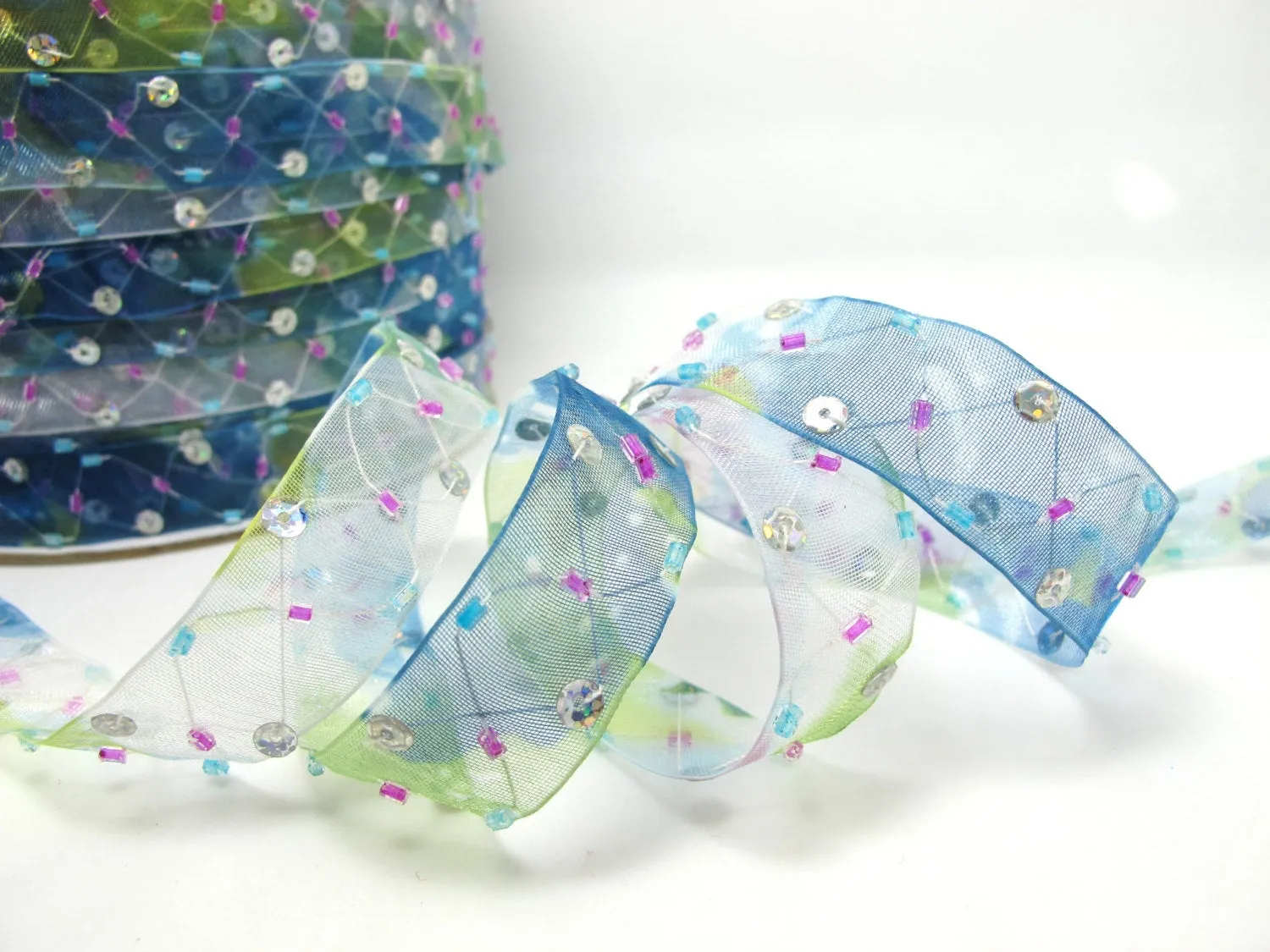 5/8 Inch Blue Beaded and Sequined Floral Embroidered Chiffon Ribbon|Beaded Embroidered Trim|Organza Trim|Craft Supplies|Scrapbooking