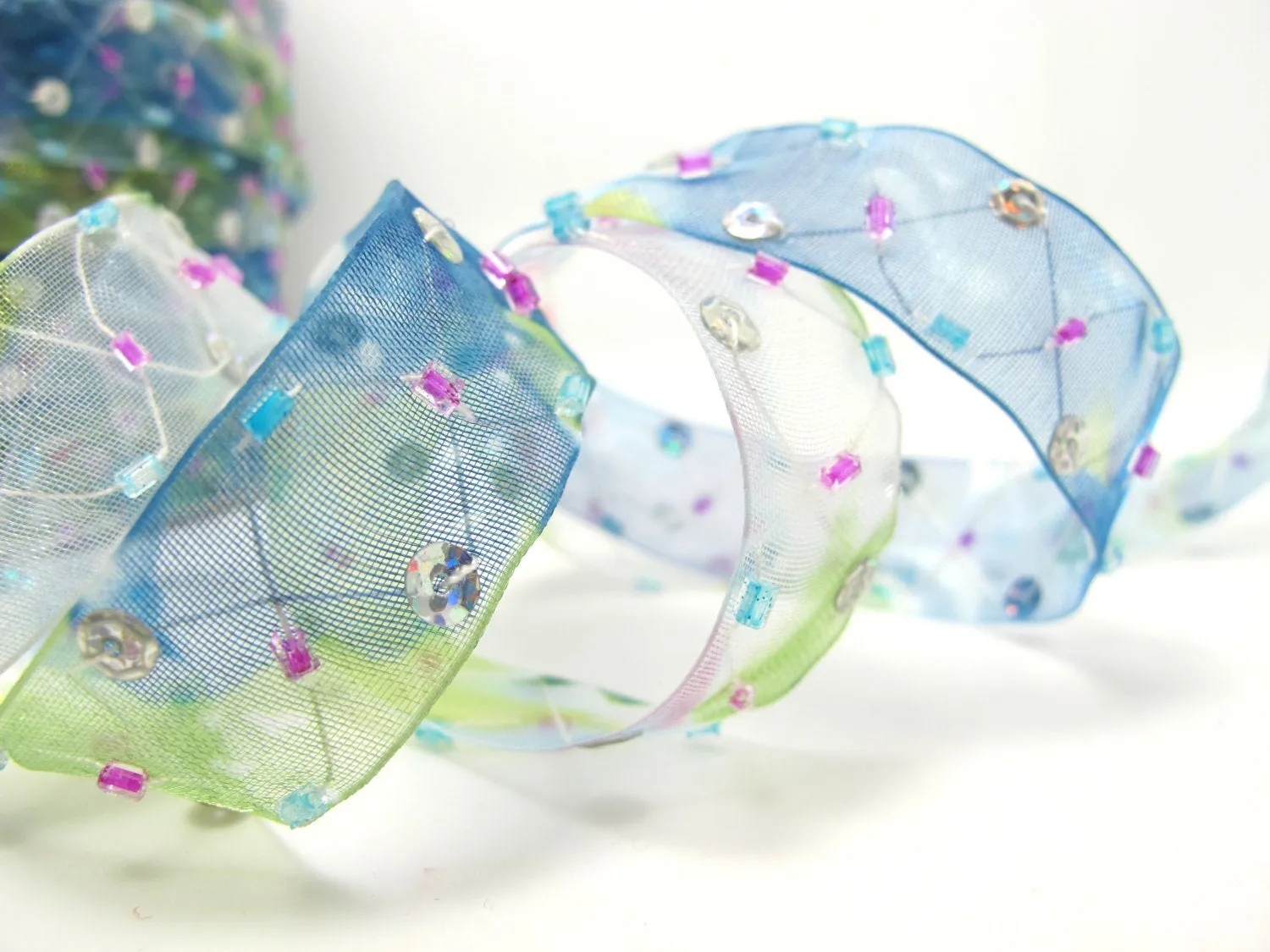 5/8 Inch Blue Beaded and Sequined Floral Embroidered Chiffon Ribbon|Beaded Embroidered Trim|Organza Trim|Craft Supplies|Scrapbooking