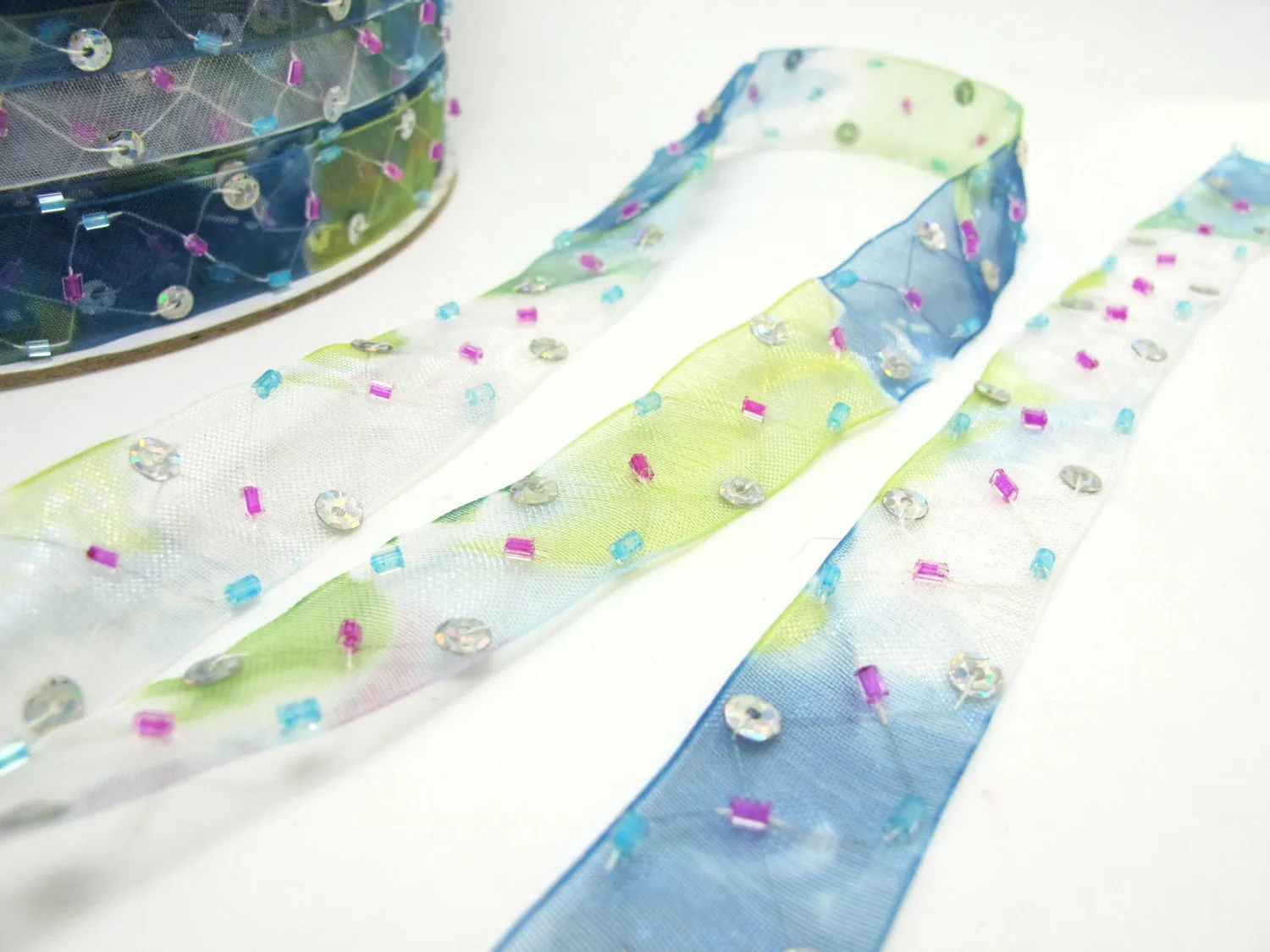 5/8 Inch Blue Beaded and Sequined Floral Embroidered Chiffon Ribbon|Beaded Embroidered Trim|Organza Trim|Craft Supplies|Scrapbooking