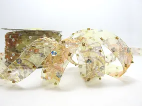 5/8 Inch Brown Beaded and Sequined Floral Embroidered Chiffon Ribbon|Beaded Embroidered Trim|Organza Trim|Craft Supplies|Scrapbooking