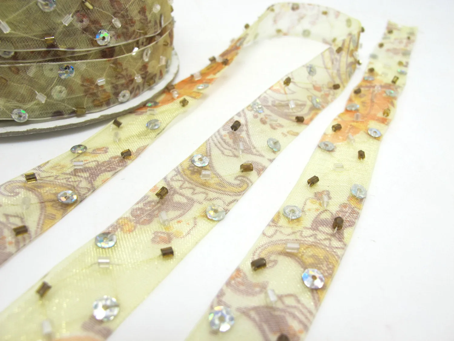 5/8 Inch Brown Beaded and Sequined Floral Embroidered Chiffon Ribbon|Beaded Embroidered Trim|Organza Trim|Craft Supplies|Scrapbooking