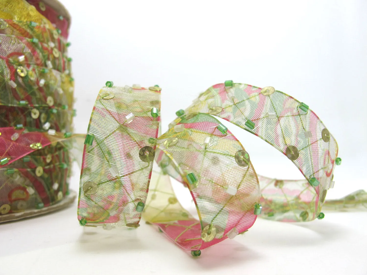 5/8 Inch Green Beaded and Sequined Floral Embroidered Chiffon Ribbon|Beaded Embroidered Trim|Organza Trim|Craft Supplies|Scrapbooking