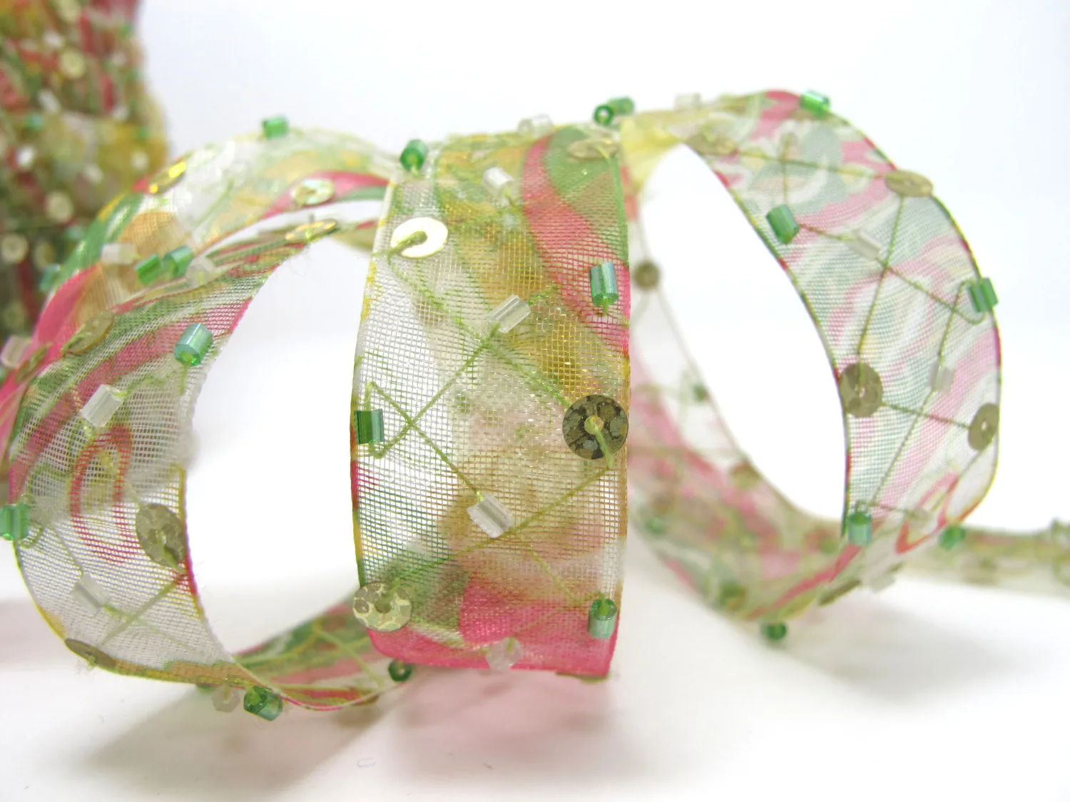 5/8 Inch Green Beaded and Sequined Floral Embroidered Chiffon Ribbon|Beaded Embroidered Trim|Organza Trim|Craft Supplies|Scrapbooking