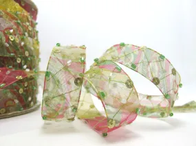 5/8 Inch Green Beaded and Sequined Floral Embroidered Chiffon Ribbon|Beaded Embroidered Trim|Organza Trim|Craft Supplies|Scrapbooking
