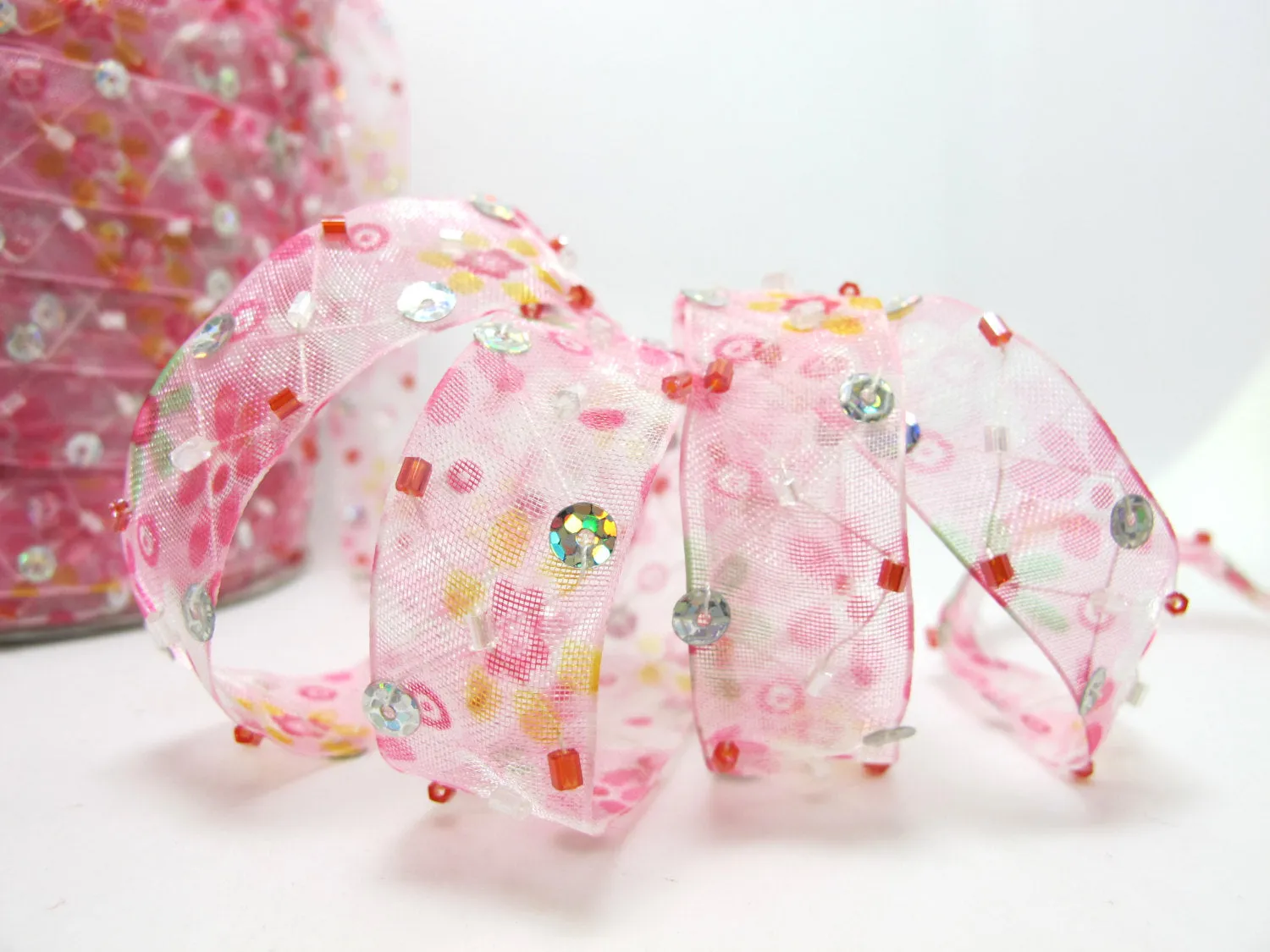 5/8 Inch Pink Beaded and Sequined Floral Embroidered Chiffon Ribbon|Beaded Embroidered Trim|Organza Trim|Craft Supplies|Scrapbooking
