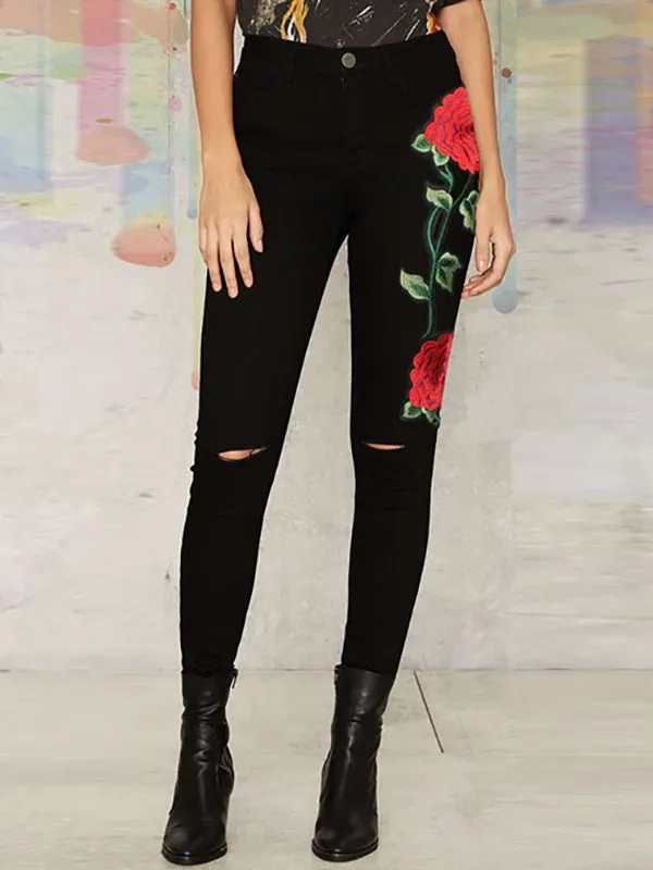 Amsoin Denim Embroidered High Waist Jeans