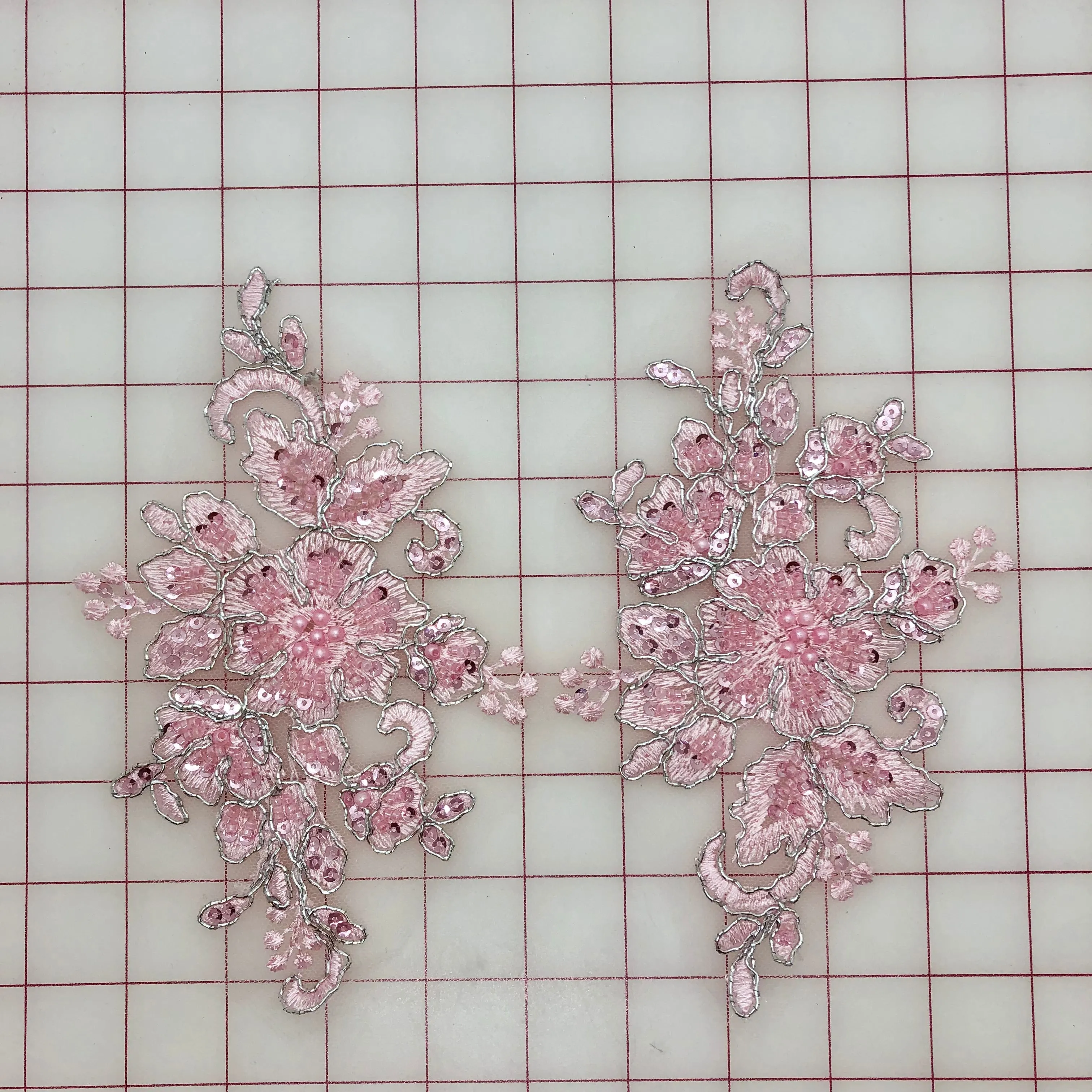 Applique - Beaded and Sequined Pink and Silver-Corded Motif Pairs
