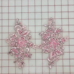 Applique - Beaded and Sequined Pink and Silver-Corded Motif Pairs