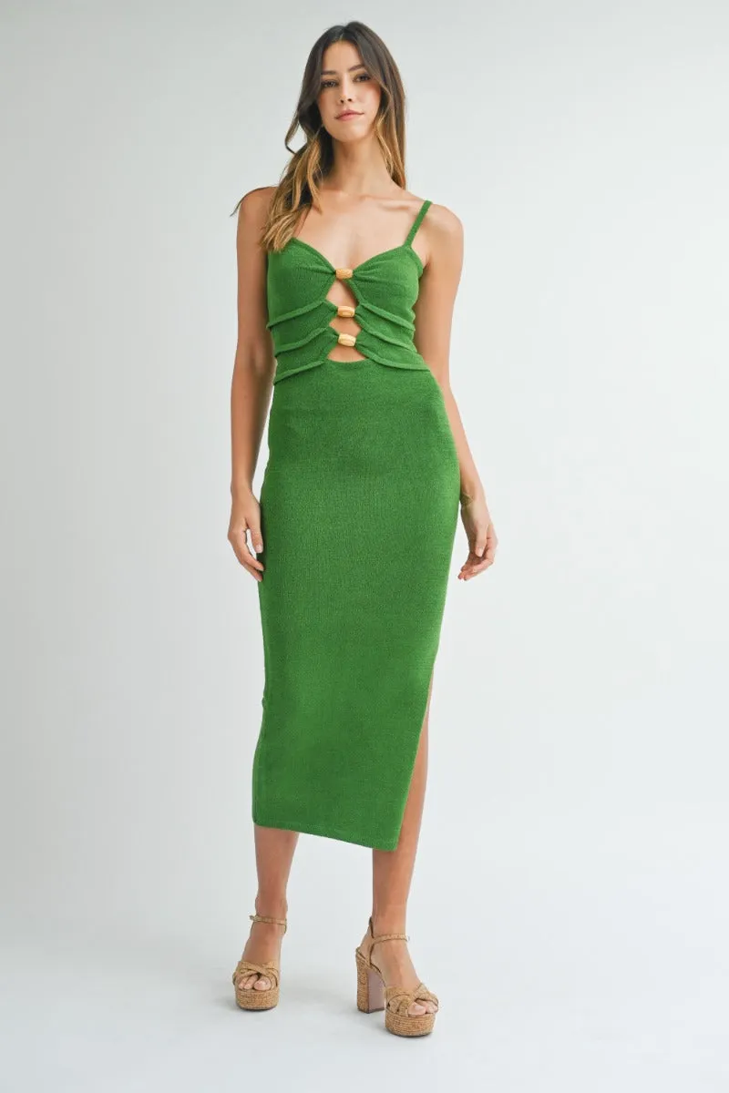 Aurora | Green Wooden Beaded Bodycon Midi Dress