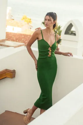 Aurora | Green Wooden Beaded Bodycon Midi Dress