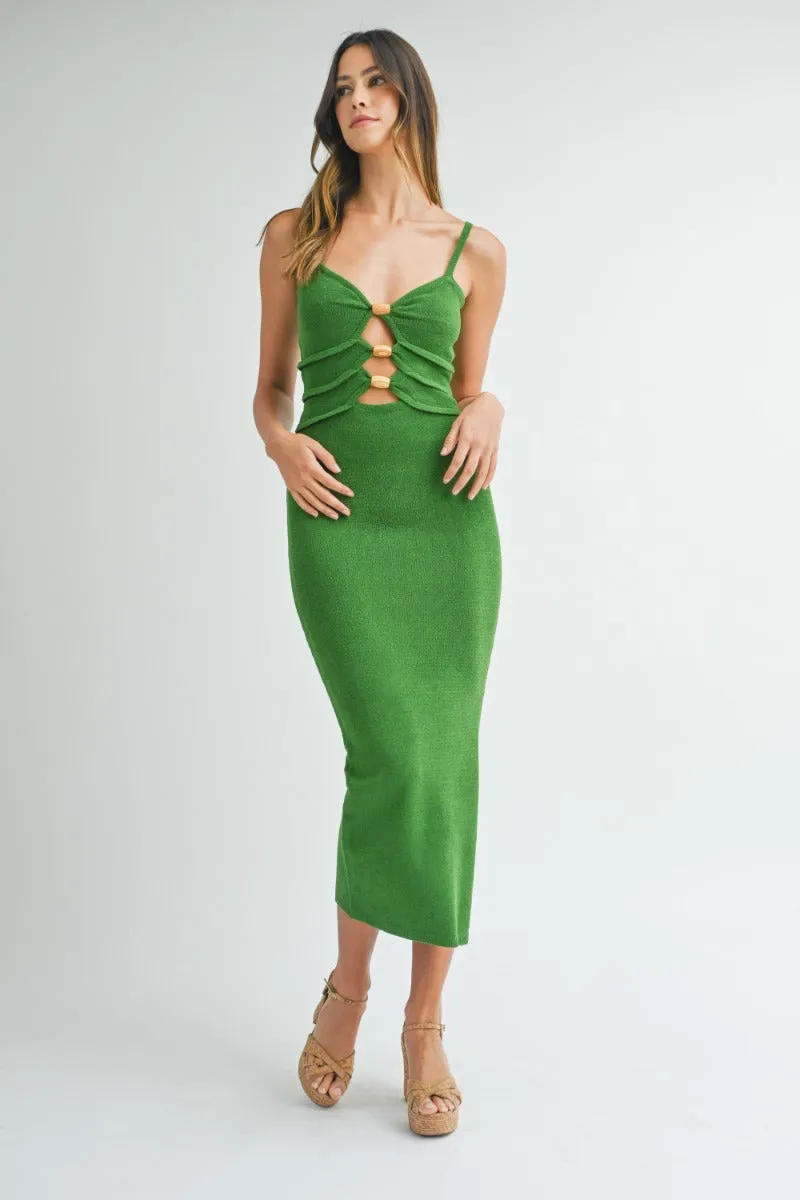 Aurora | Green Wooden Beaded Bodycon Midi Dress