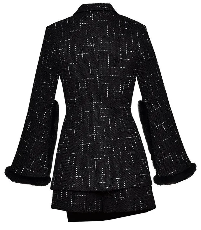 Black Button-Embellished Tweed Jacket and Asymmetrical Short Set with Fur Trim