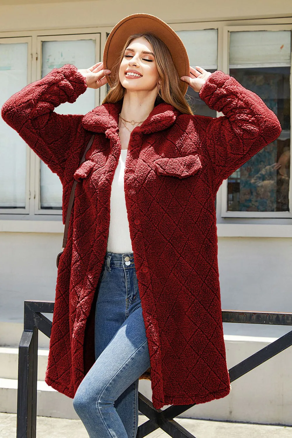 Camel Fleece Botão Down Midi Coat