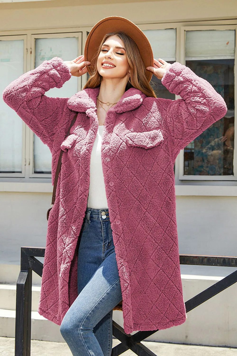 Camel Fleece Botão Down Midi Coat