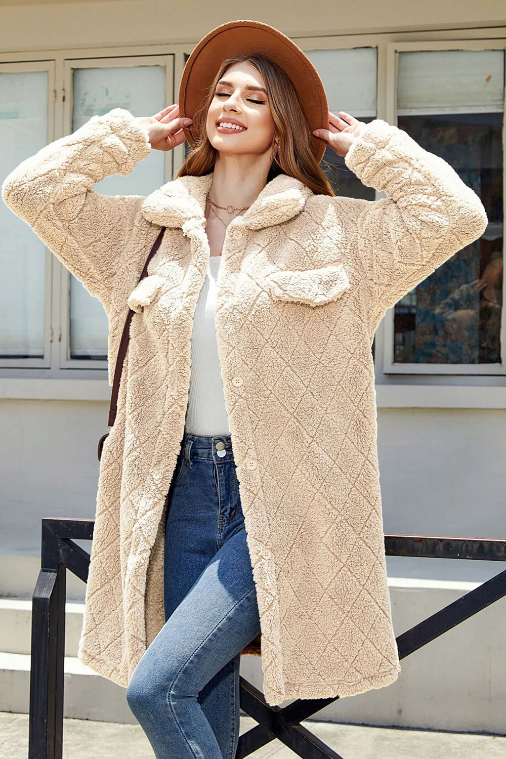 Camel Fleece Botão Down Midi Coat