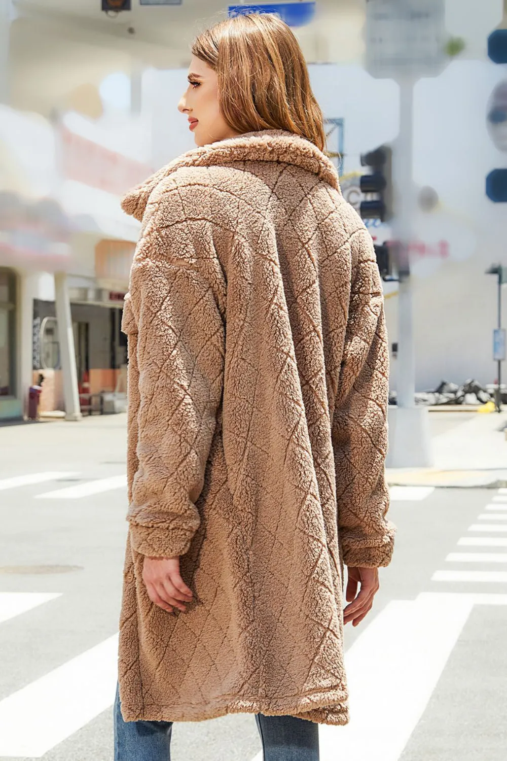 Camel Fleece Botão Down Midi Coat