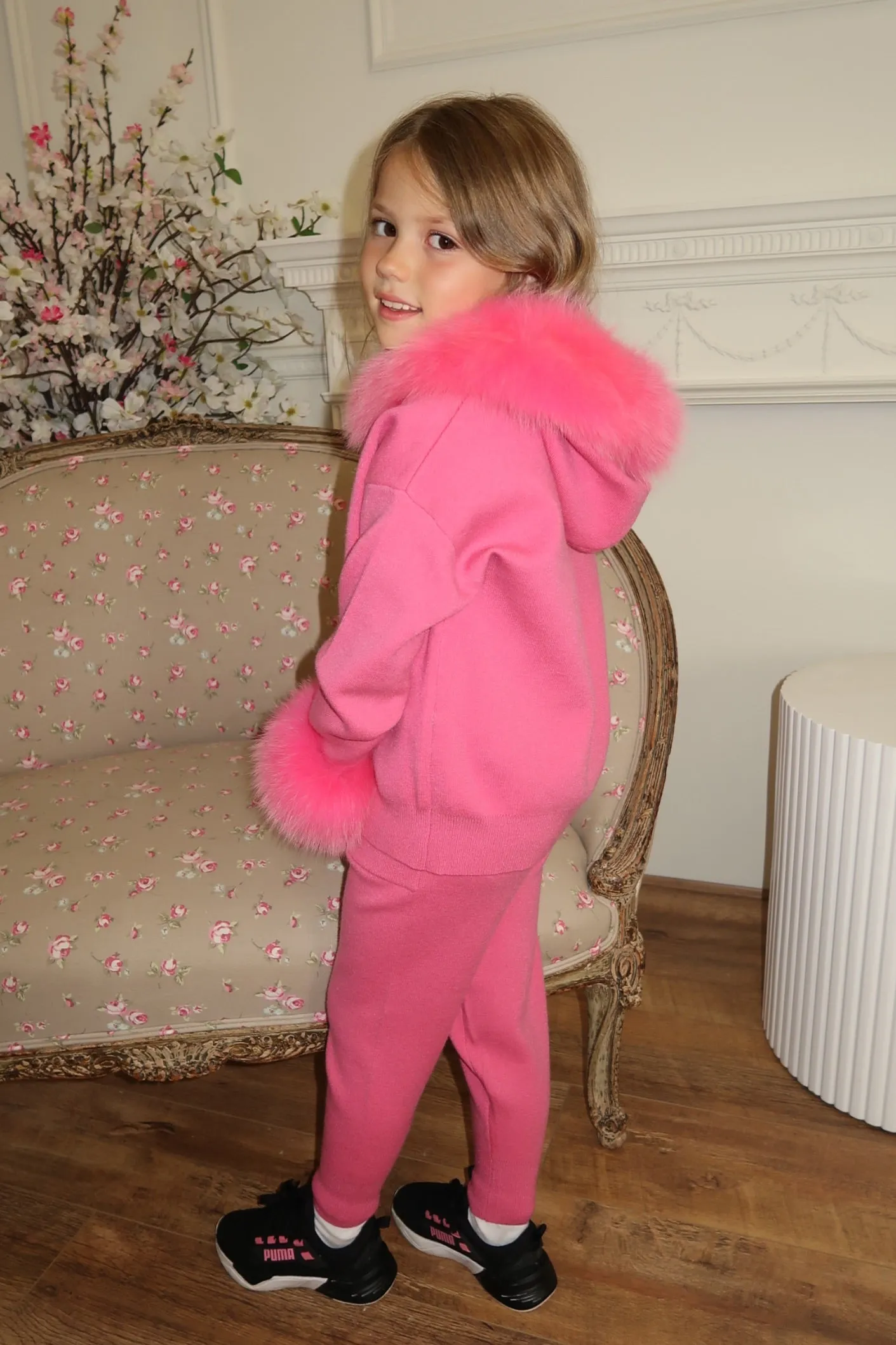 Childrens Hot Pink Luxury Fur Trim Hood & Cuff Tracksuit