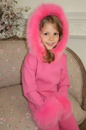 Childrens Hot Pink Luxury Fur Trim Hood & Cuff Tracksuit