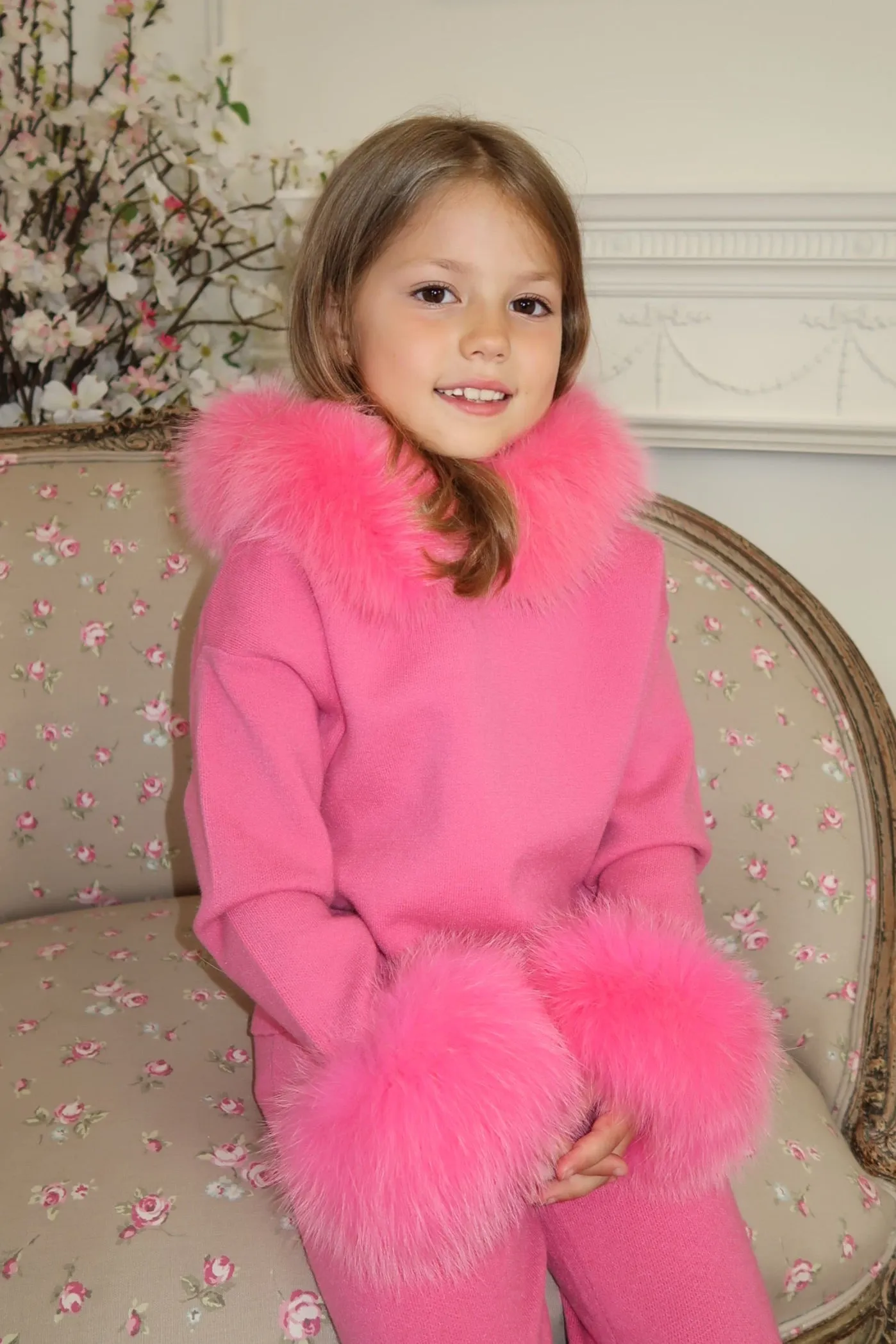 Childrens Hot Pink Luxury Fur Trim Hood & Cuff Tracksuit