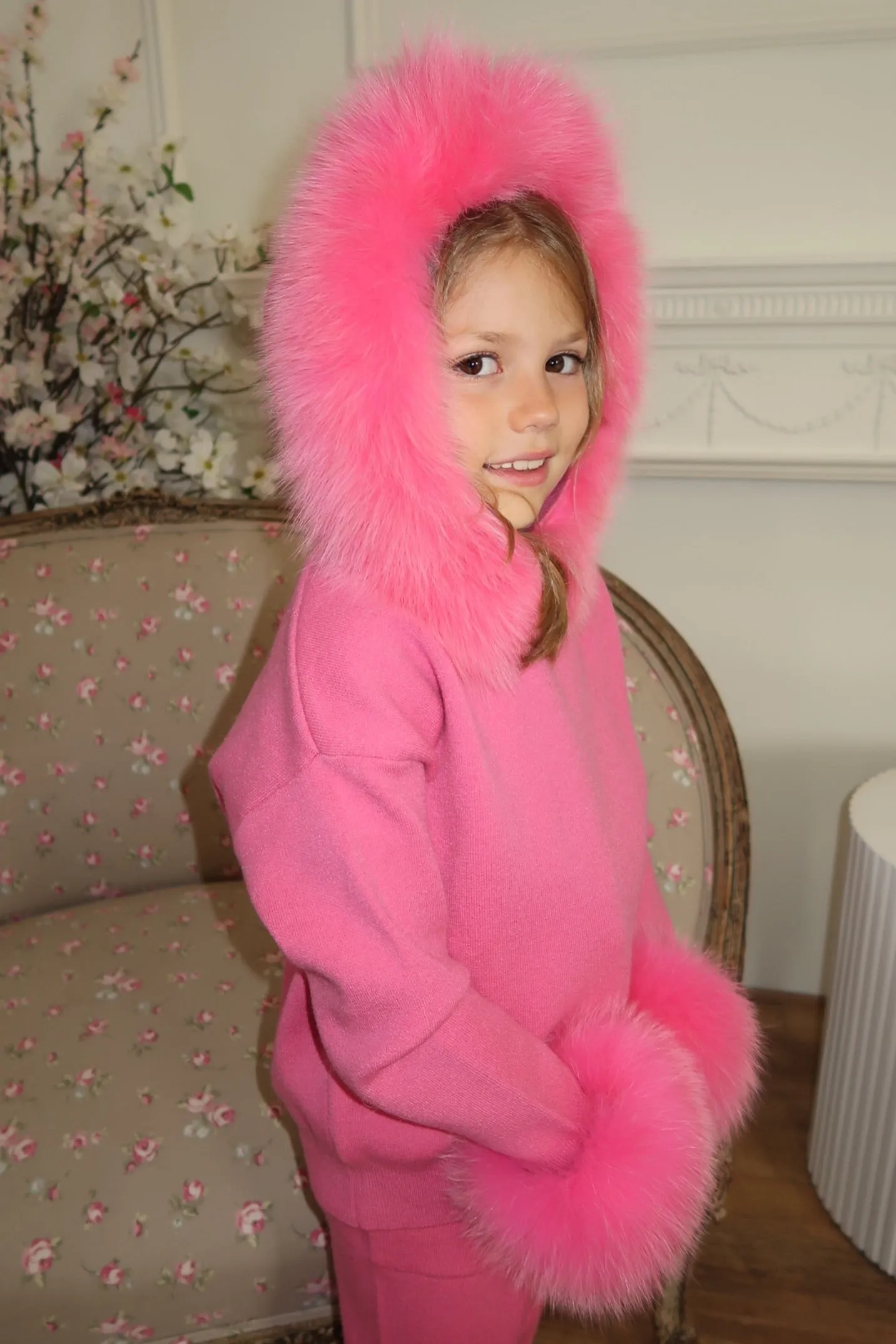 Childrens Hot Pink Luxury Fur Trim Hood & Cuff Tracksuit