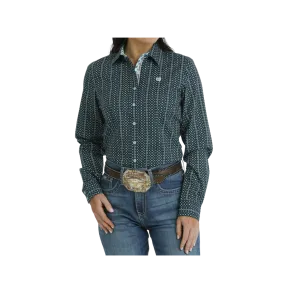 Cinch Women's Button Down Western Diamond Print Blue Shirt