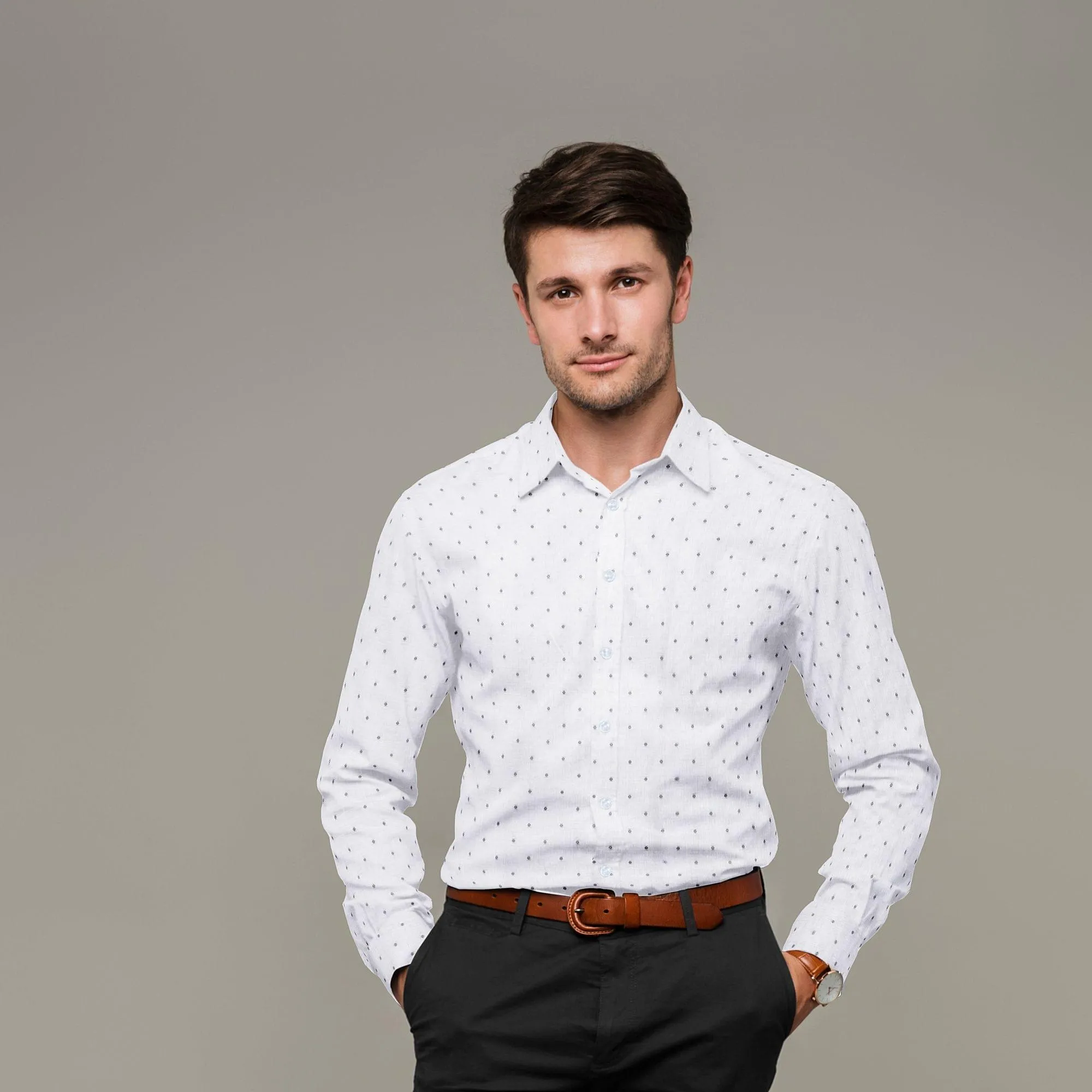 Cloud grey 100% cotton shirting fabric with dark navy blue jacquard in dot design-D7284