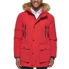 Club Room Mens Regular fit Parka Coat Small Red Solid Faux Fur Trim