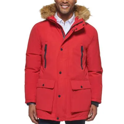 Club Room Mens Regular fit Parka Coat Small Red Solid Faux Fur Trim