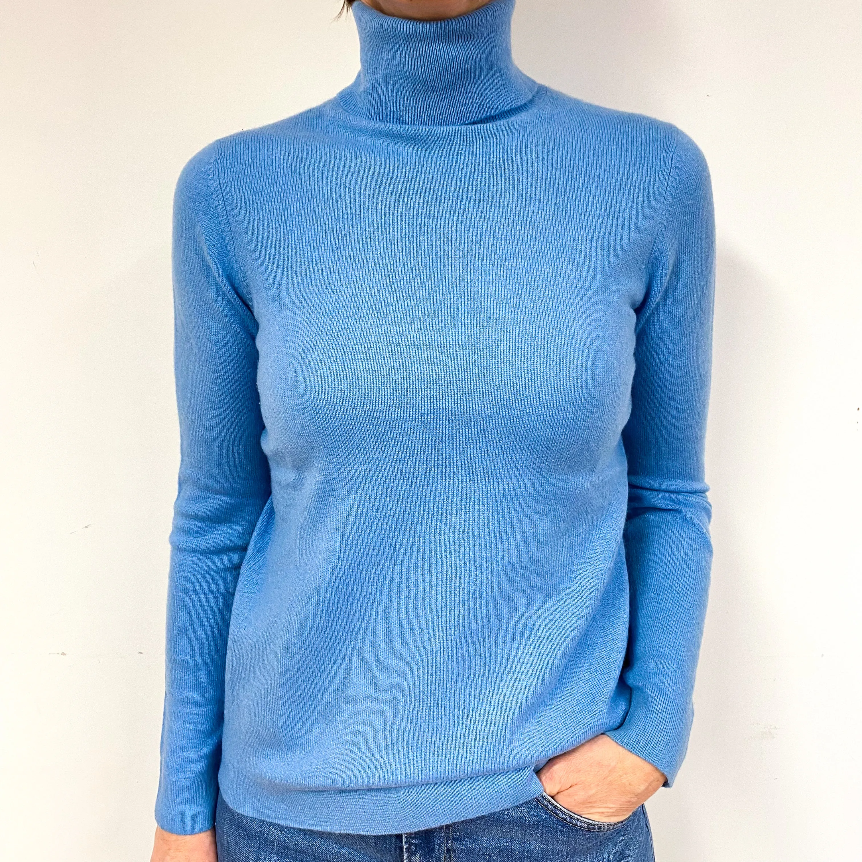 Cornflower Blue Cashmere Polo Neck Jumper Medium