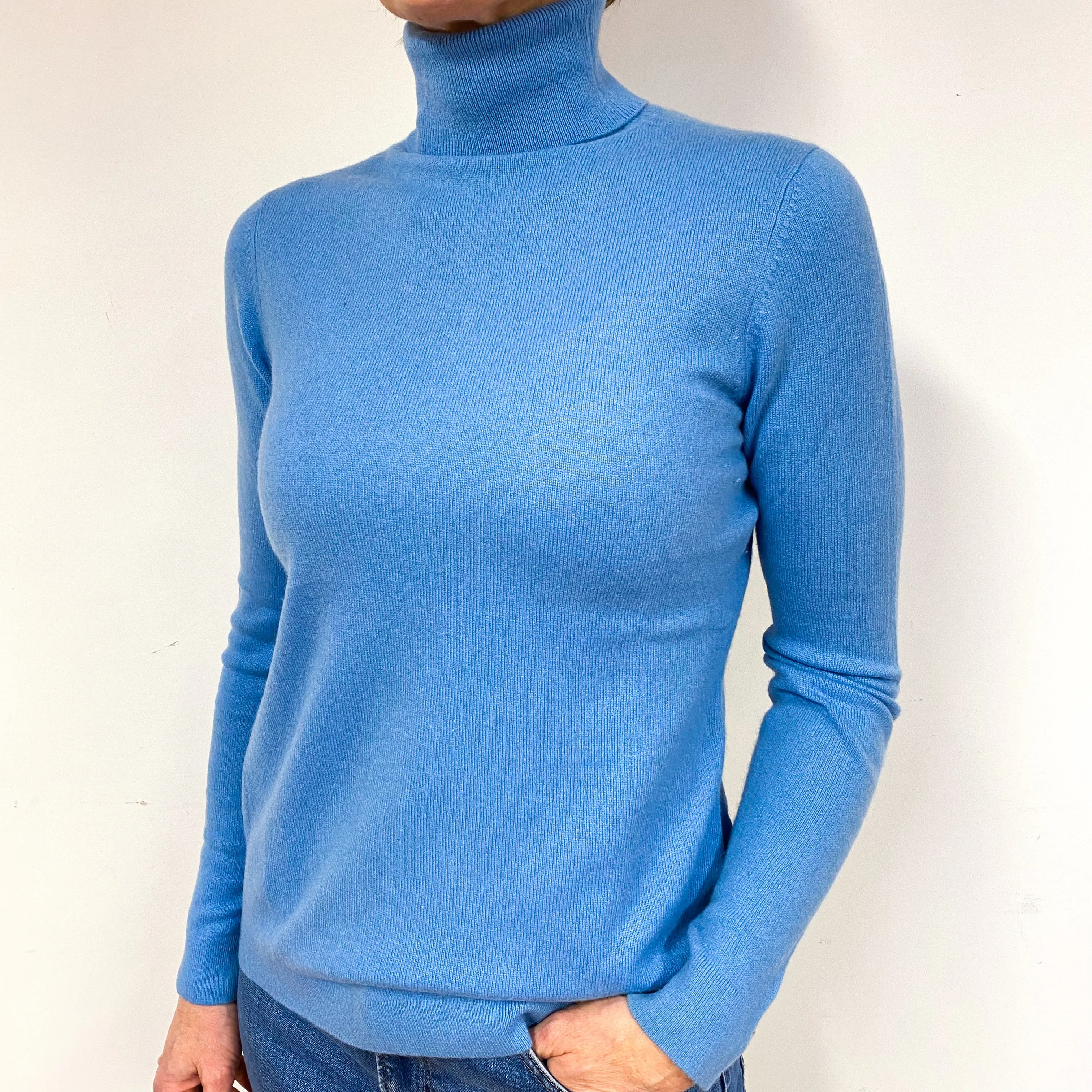 Cornflower Blue Cashmere Polo Neck Jumper Medium