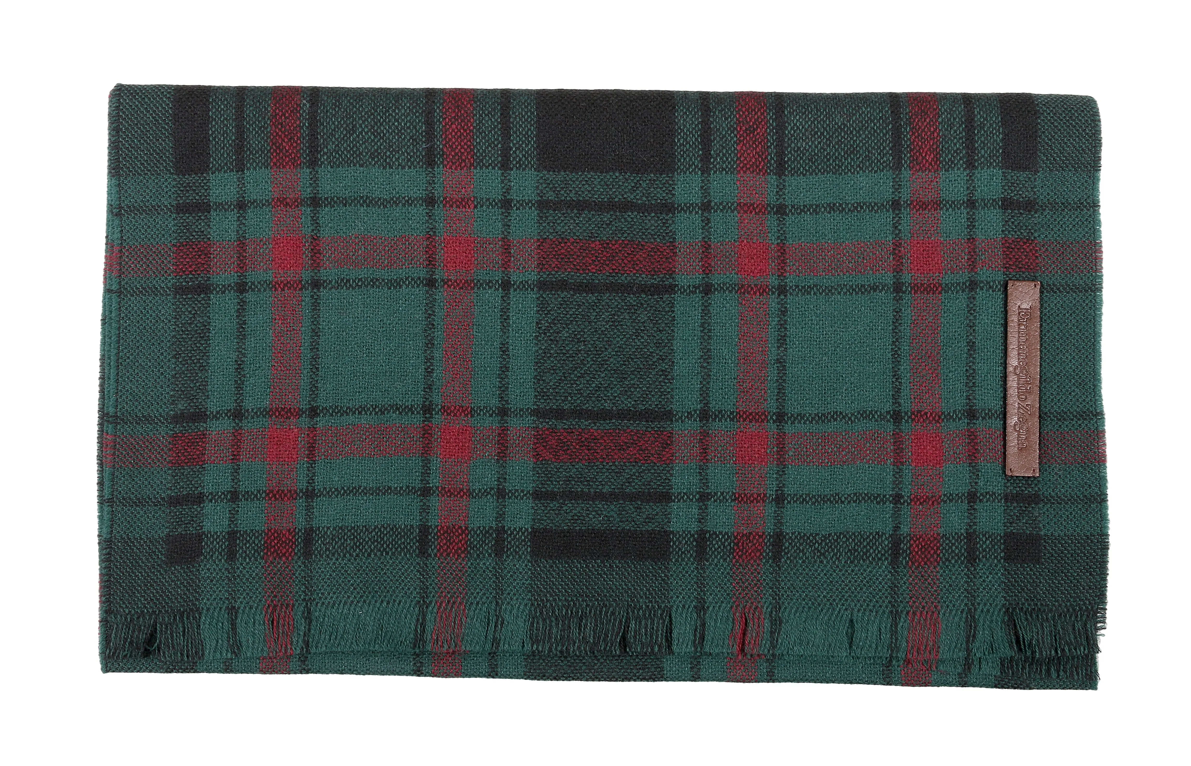 Ermenegildo Zegna Green/Burgundy Plaid Pure Wool Fringe Scarf