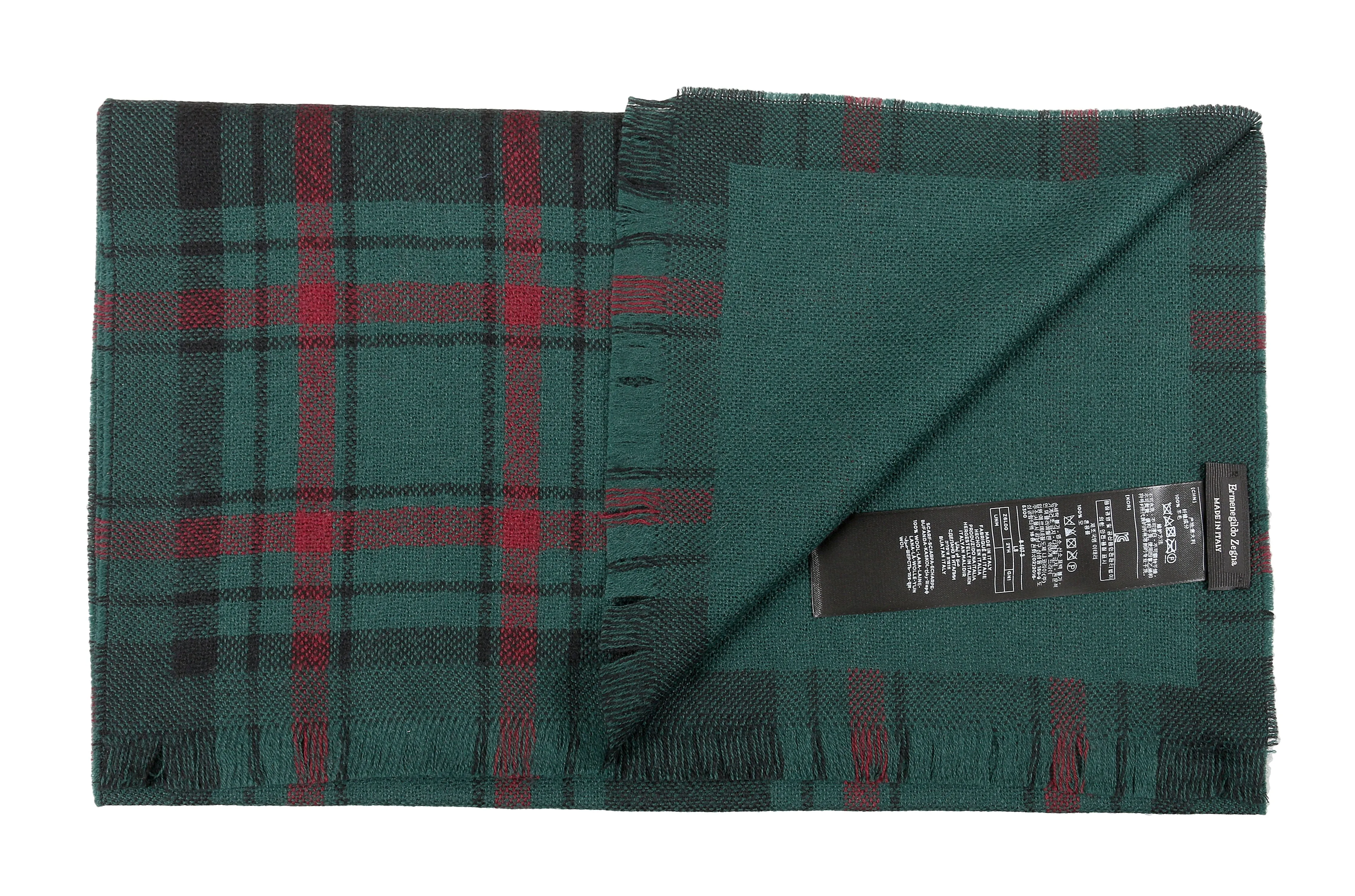 Ermenegildo Zegna Green/Burgundy Plaid Pure Wool Fringe Scarf