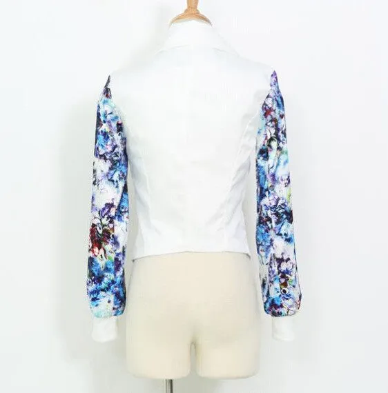 Flower Print Patchwork Zipper Turn-down Collar Short Coat