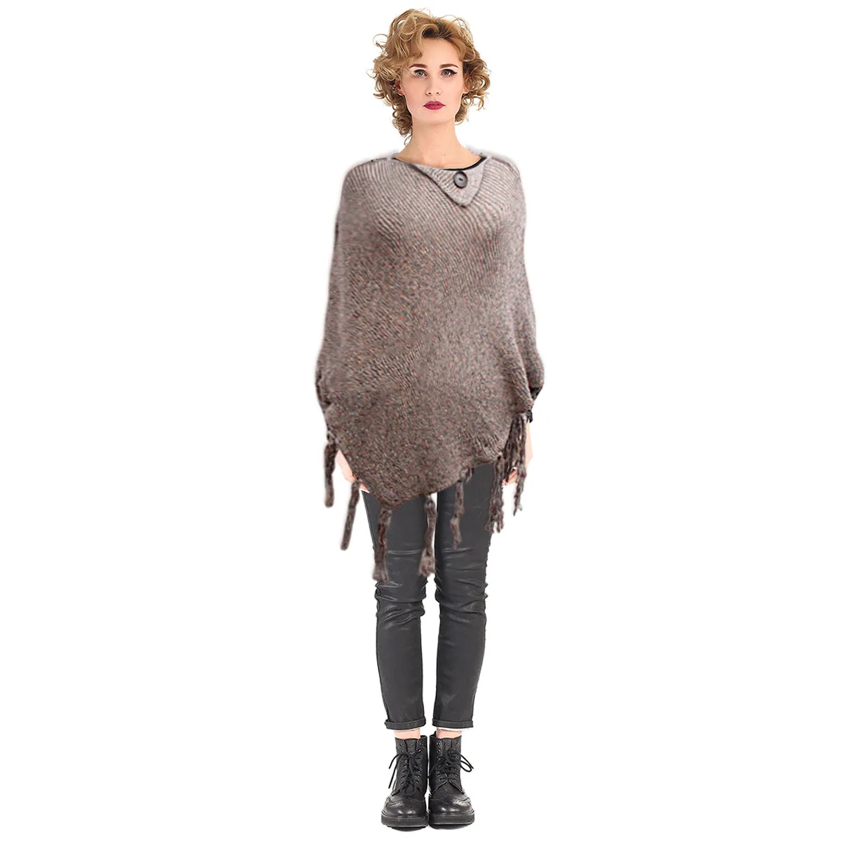 Gray Knit Button Poncho