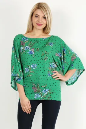 Green Floral Curvy Top With Bell Sleeves and Round Neckline