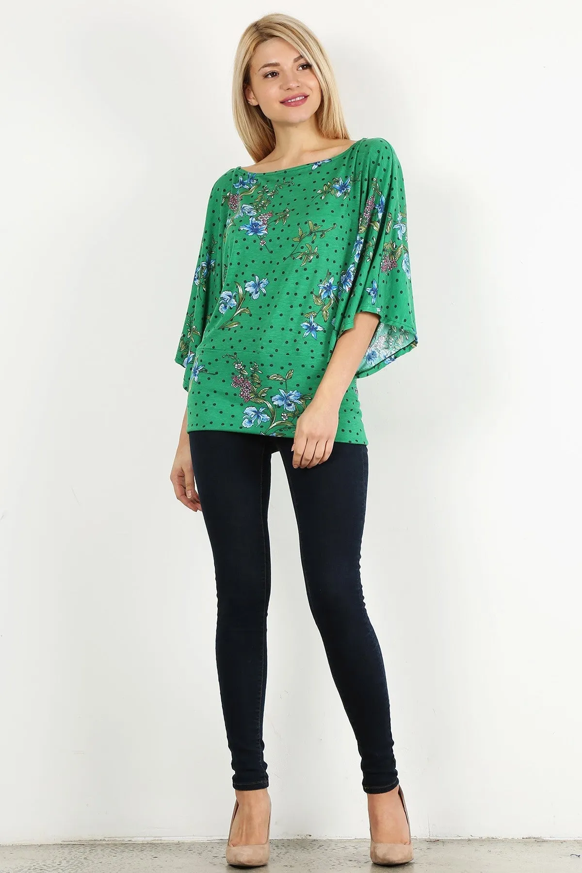 Green Floral Curvy Top With Bell Sleeves and Round Neckline
