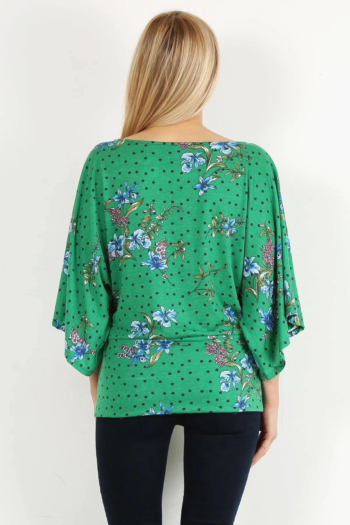 Green Floral Curvy Top With Bell Sleeves and Round Neckline