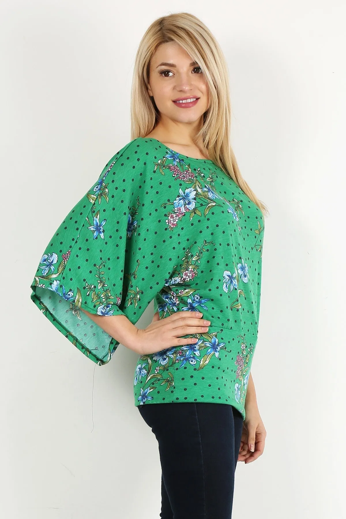 Green Floral Curvy Top With Bell Sleeves and Round Neckline