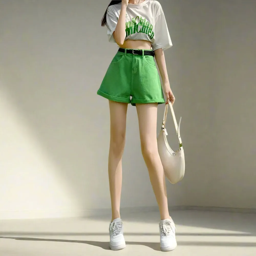 Green High Waist Solid Shorts