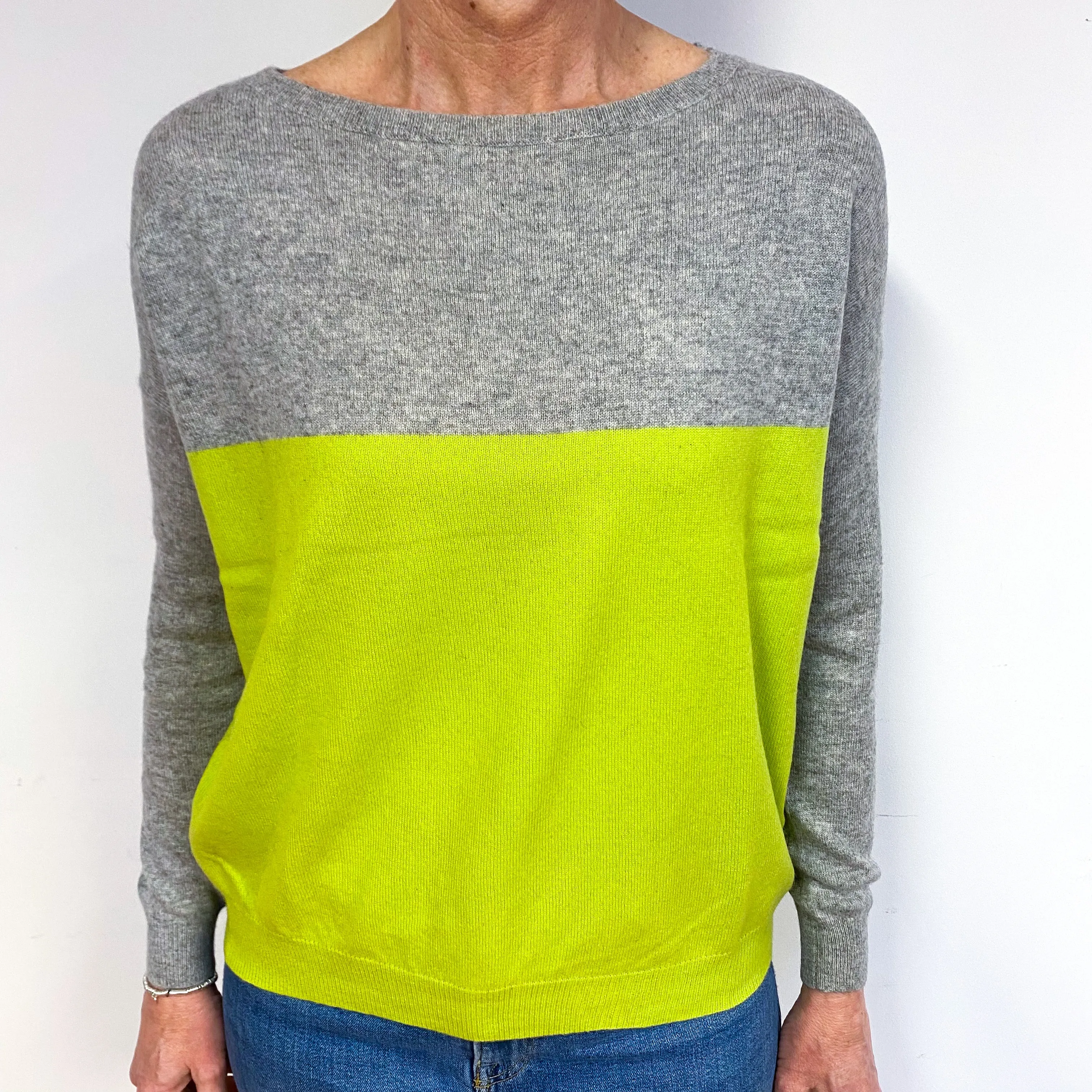Grey And Lime Green Cashmere Crew Neck Jumper Medium