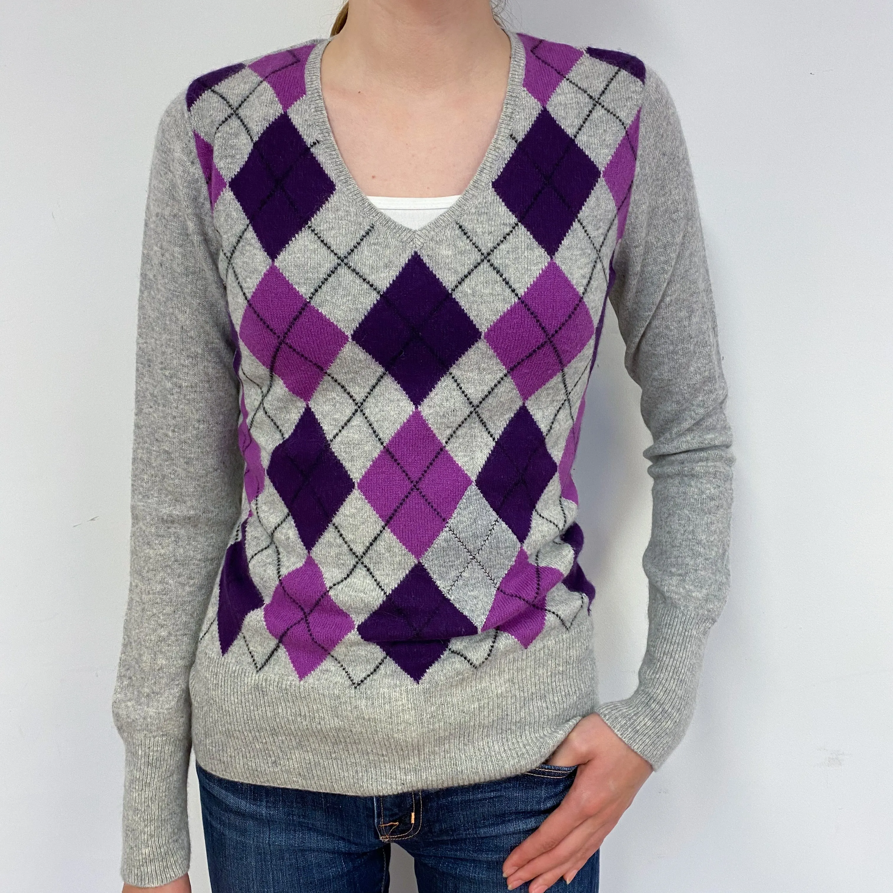 Grey and Purple Diamond Cashmere V-Neck Jumper
