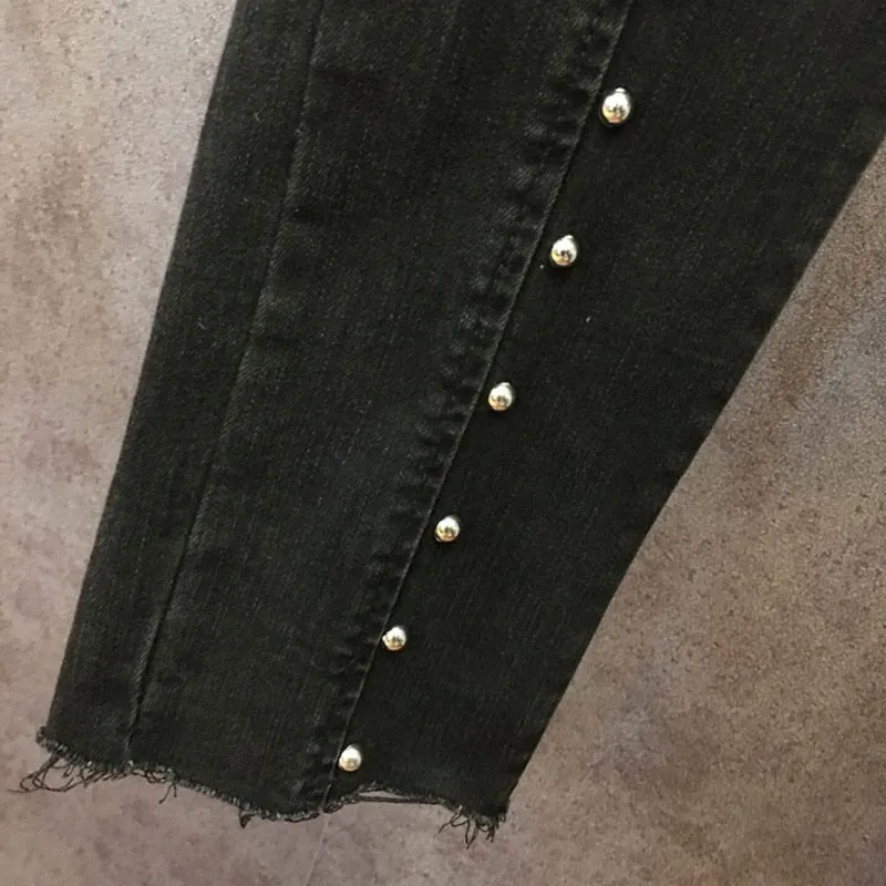 High Waist Beaded Ankle Length Jeans